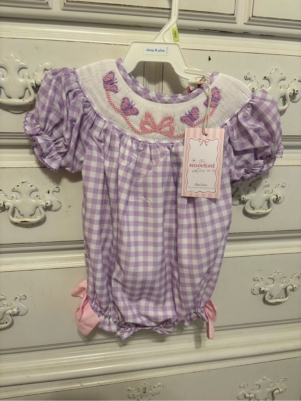 The Smocked Sisters Co. Gingham Baby Bubble Romper with Embroidered Butterflies